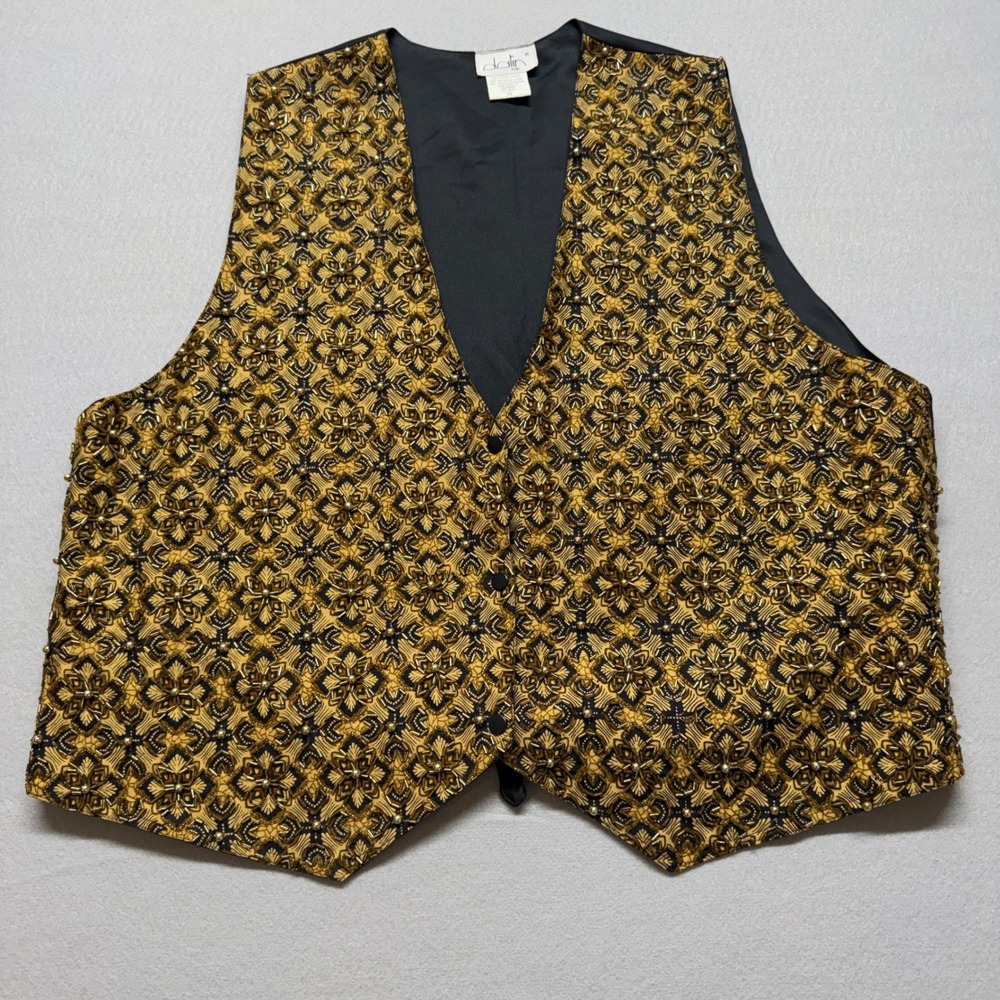 Dalin Plus Gold Beaded Batik Vest Black 3X Vintage Formal Waistcoat Button Front